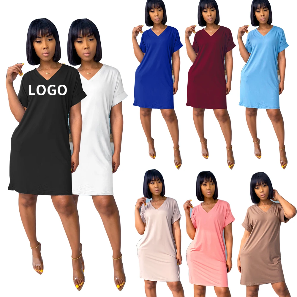 

Summer V-neck Solid Loose Oversize Pocket Casual Women Tshirt Dress