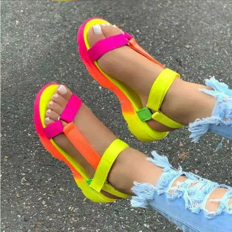 

2021Hot sell Colorful Rainbow mix candy color Closure PU Leather Platform Sandals women's slippers sandals women's slipper shoes, Customized color