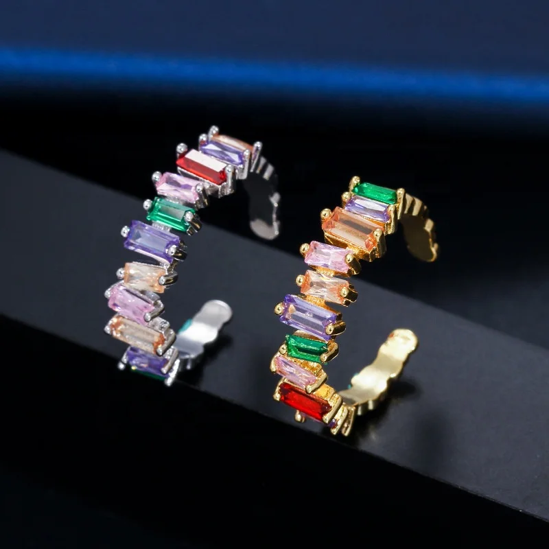 

Big Adjustable Size Baguette Irregular Shape Colorful Cubic Zircon Pave Fashion Women Party Finger Ring