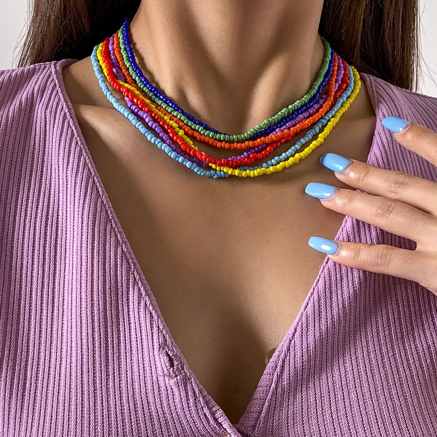 

JUHU color hand-woven rice bead stacking necklace personality hit color round bead chain beach necklace jewelry, Gold/sliver