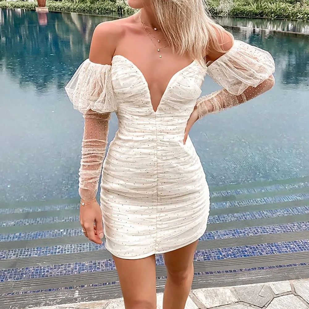 

2021 New Arrival Women Autumn winter v-neck off shoulder Ruffles Long Sleeve dress women casual dresses