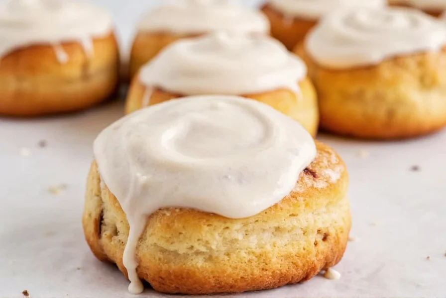 Step-by-step preparation showing mixing heavy cream with Pillsbury cinnamon roll icing in a small bowl with whisk