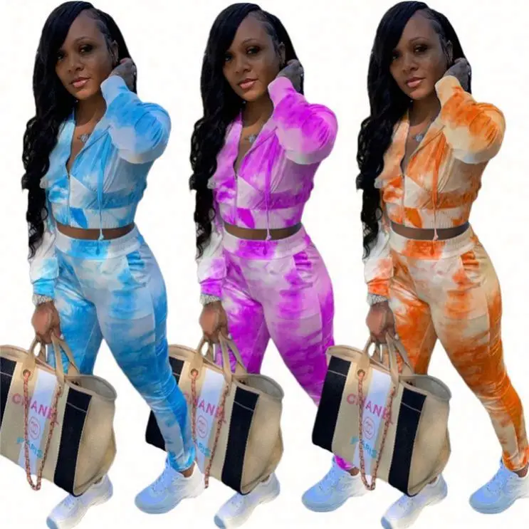 

Best Seller Tie Dye Print Casual Sports Suit Hoodies Top And Pants Sexy 2 Pcs Track Suit Outfits Women Two Piece Set