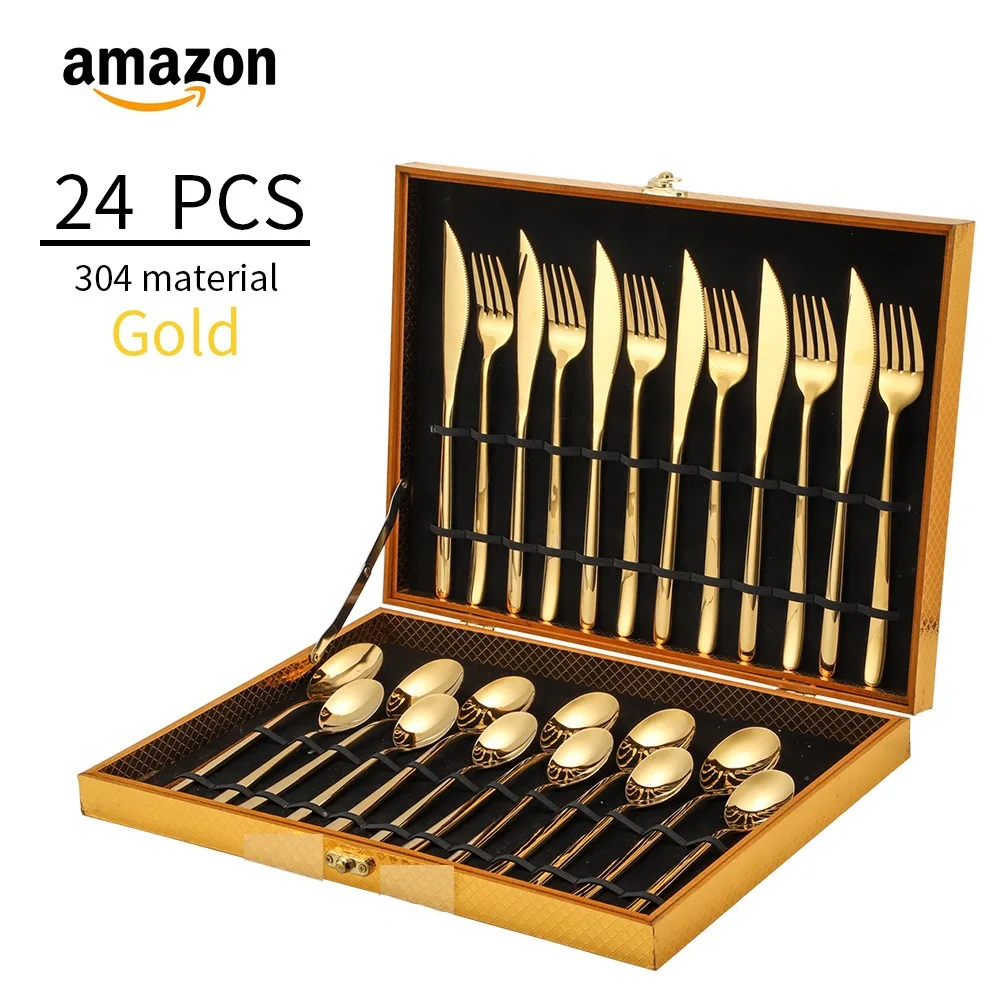 

Wholesale Royal Knife Spoon Fork Gift Box Luxury Restaurant Wedding Bestek 24pcs Silver Gold Plated Stainless Steel Cutlery Set, Customized color