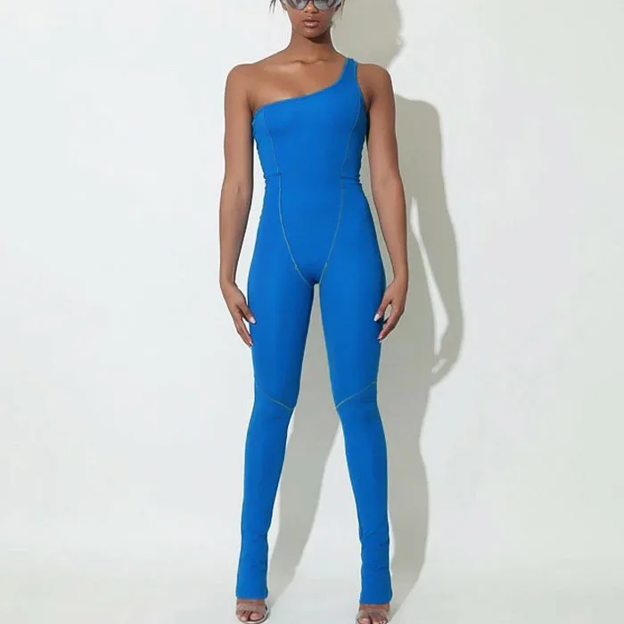 

X00359S 2020 summer new sleeveless off shoulder workout jumpsuit, White/black/blue