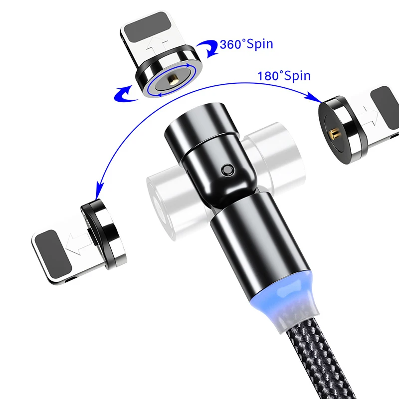 

Wholesale 540 Degree Rotating Cell Phone 3 in 1 Round Magnetic Braided USB Cable LED Light Magnetic Charging Cable