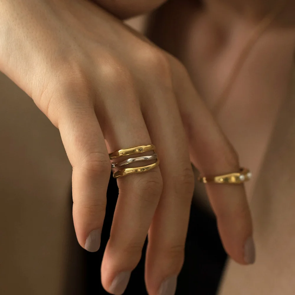 

Minimalist Accessories Irregular Multilayer Open Rings 18K Gold Plated Three Layer Band Rings