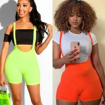 

Solid Neon jumpsuit ladies high waist playsuits women short punk bodycon biker shorts casual streetwear