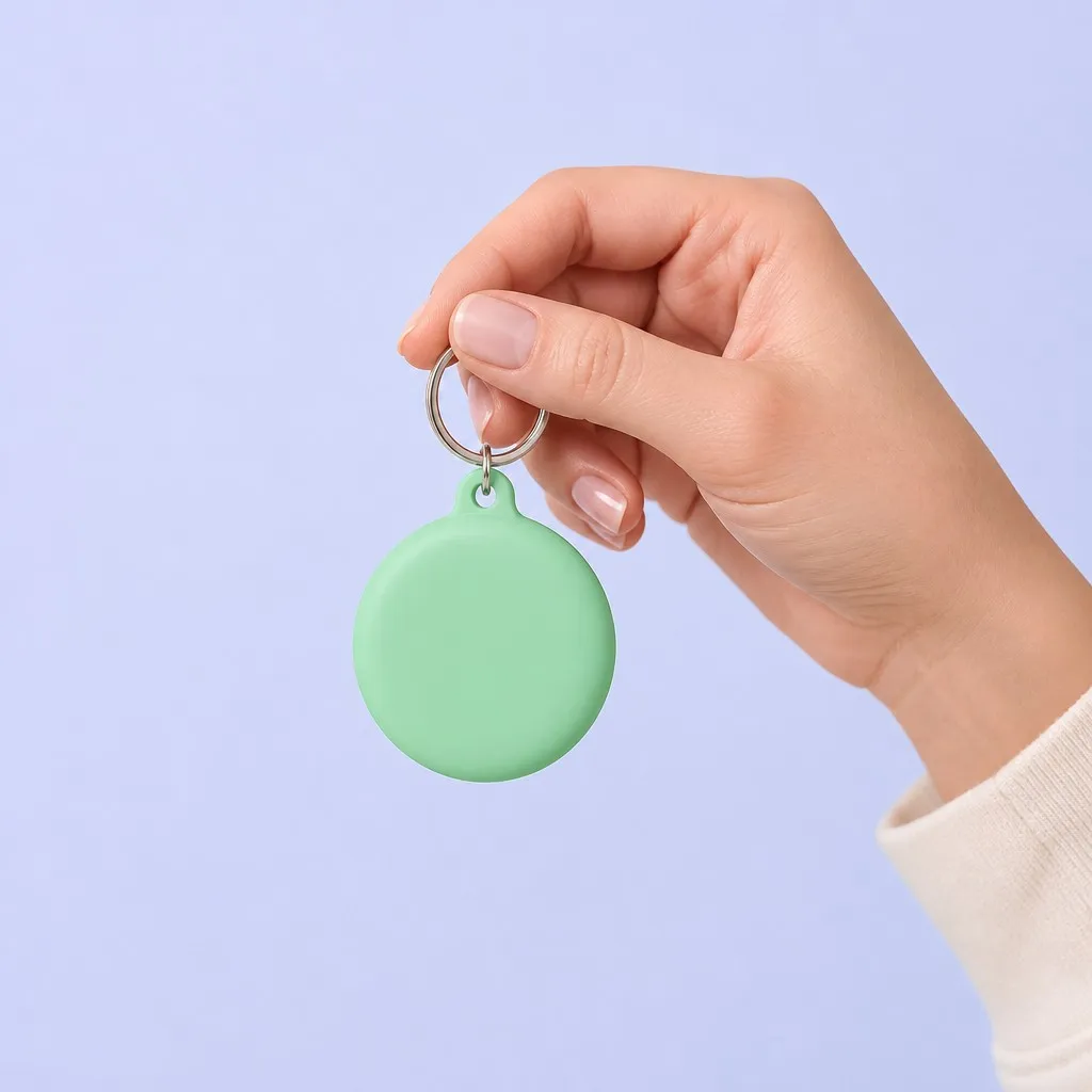 Hand pinching the silver keyring of a mint green tag