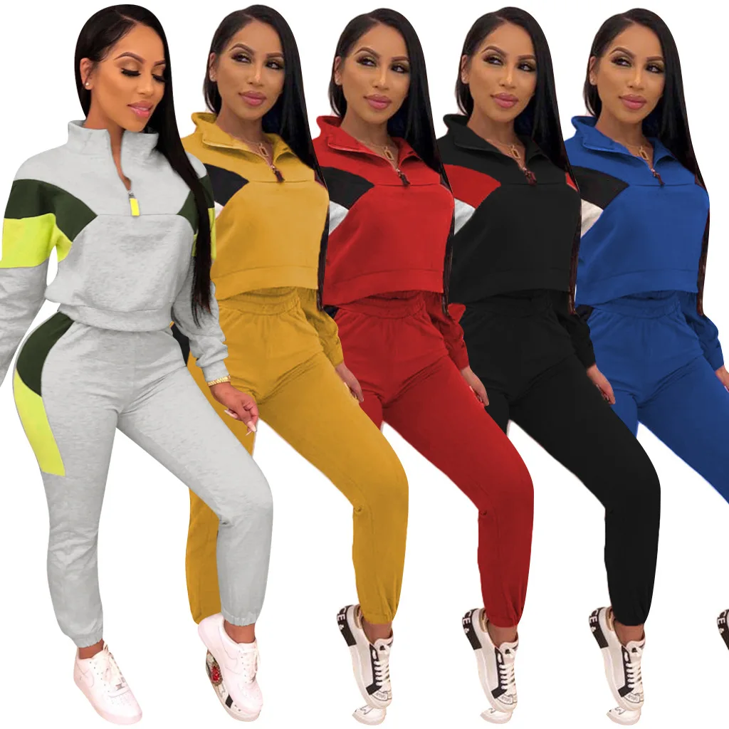 

L8 2020 Ladies Blank Two Pieces Outfits Tracksuits Half Zipper Pullover Color Block 2pc Women Set
