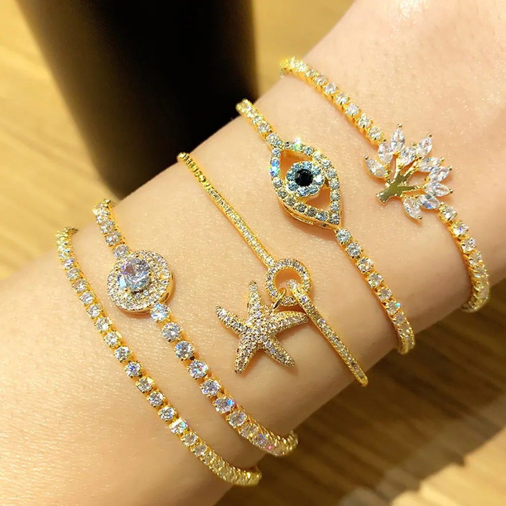 

Flexible cubic zirconia crystal diamond starfish tree eye charms vintage rhinestone bracelet women, Gold