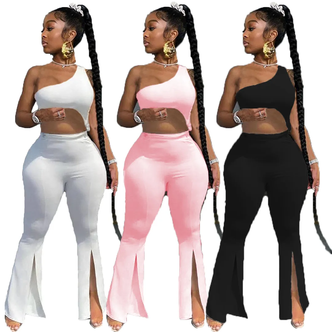 

Solid Asymmetrical Two Piece Sets Women One Shoulder Crop Tops+Elastic Slit Pants Sporty Matching Suits Casual Outfits For Women, White, pink, black