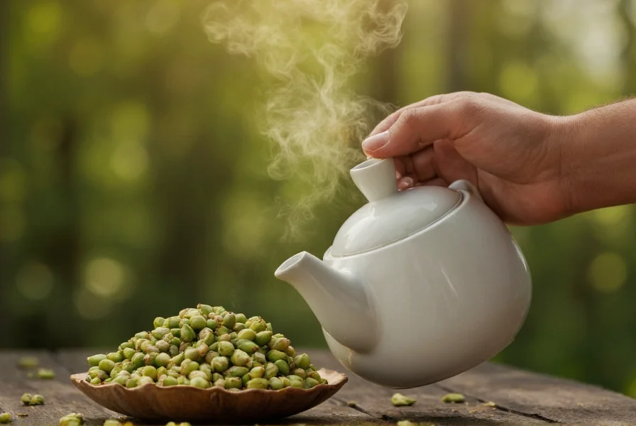 Fresh green cardamom pods being crushed into a teapot with steam rising
