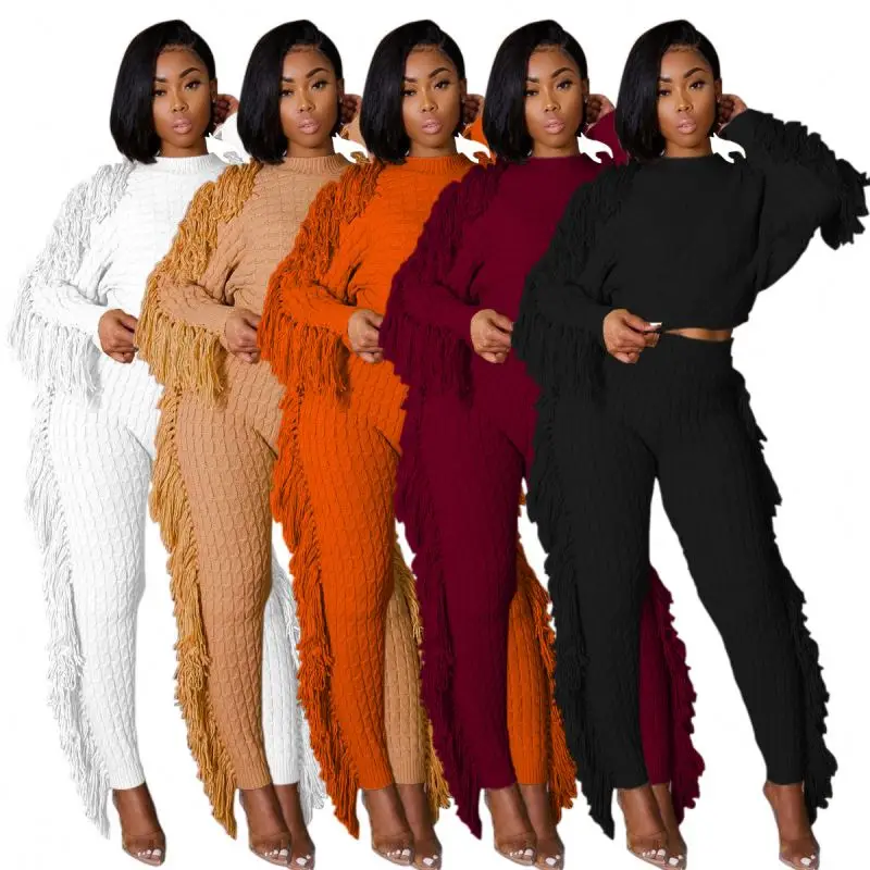 

New arrival Winter Fringe Sweater Two Piece Set Women Clothing Solid Tassel 2 Piece Pants Set for Ladies
