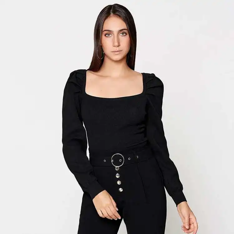 

Beyond fashion black square collar 3/4 sleeve tight casual blouse