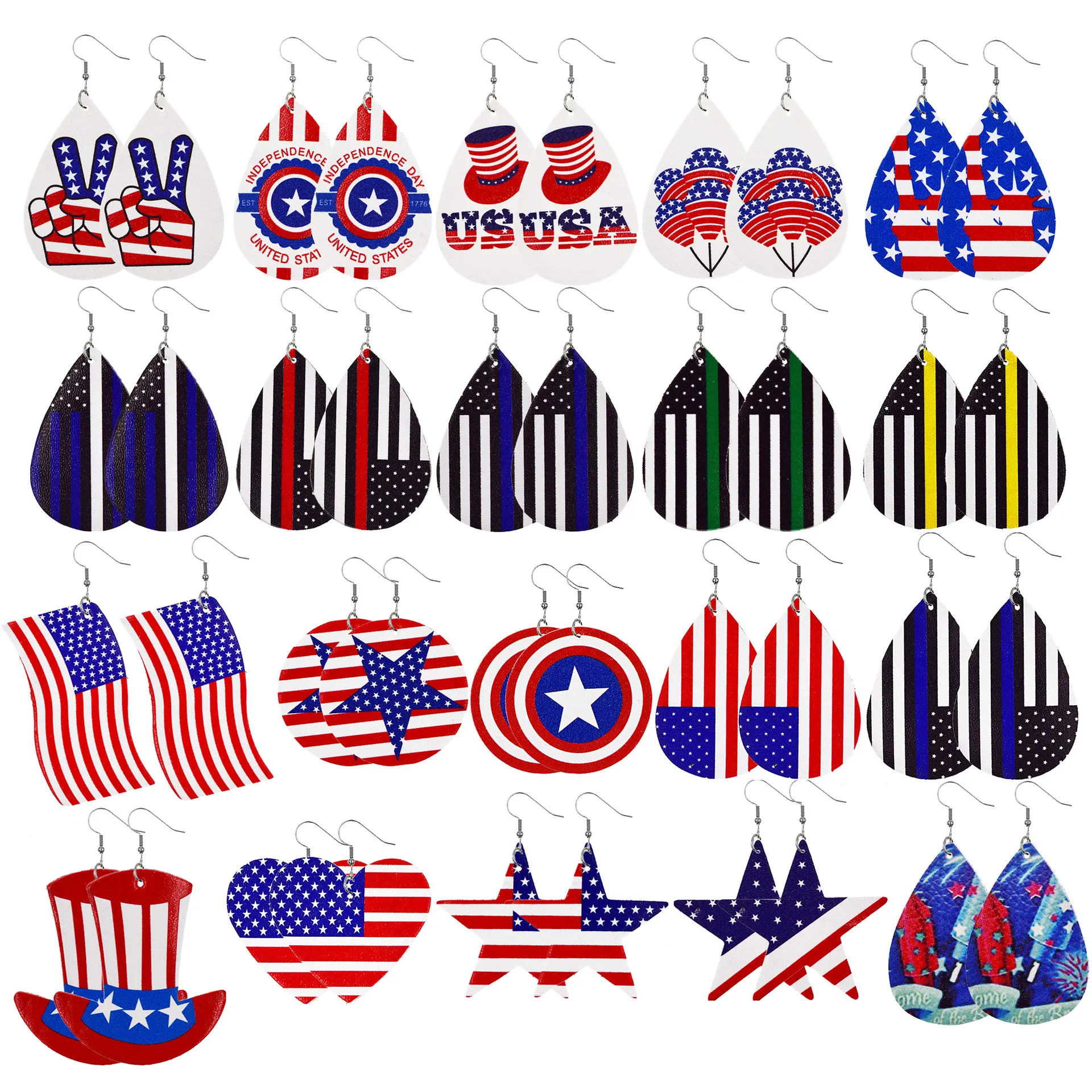 

American Flag Faux Leather Earrings Teardrop Dangle Earrings Leaf Star Round Drop Hook Earrings, Picture shows
