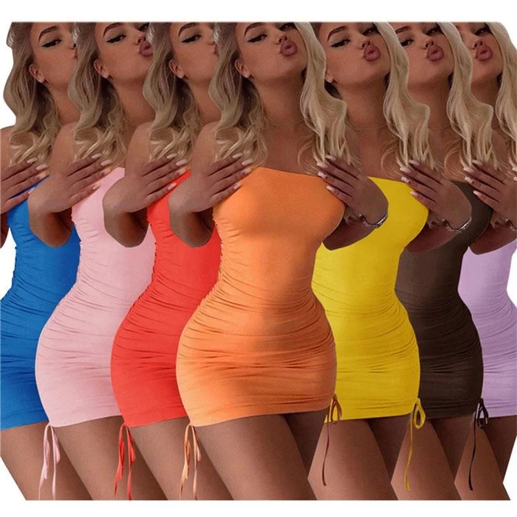

2021Summer Strapless Bodycon Solid Color Dress Cascading Ruffle Package Hip Dresses Women