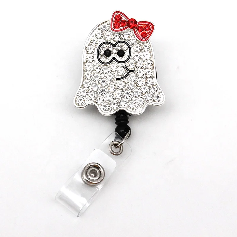 

Free Shipping Wholesale Price Halloween Metal Crafting Rhinestone Ghost Badge Holder ID Card Name Badge Reel with Clip