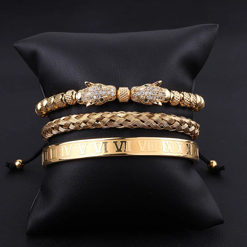 

High Quality Micro CZ Pave Leopard Charm Stainless Steel Roman Bangle Custom Men Jewelry Luxury Bracelet Set