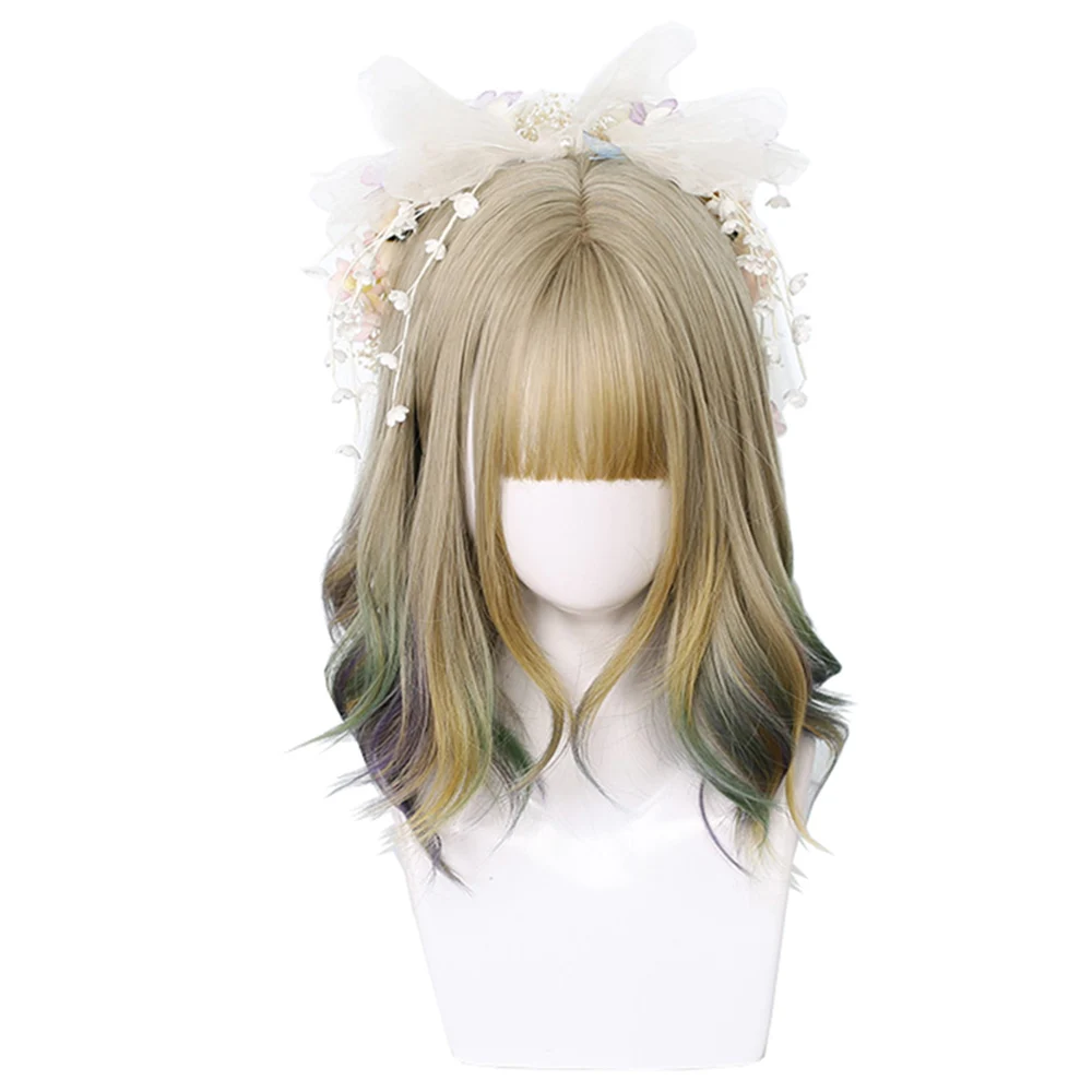 

Shoulder Length Bob Hair Wig Wavy Grass Green Irregular Coloring Japanese Lolita Rooming Face Natural Cute Girls Cosplay Wigs, Pic showed