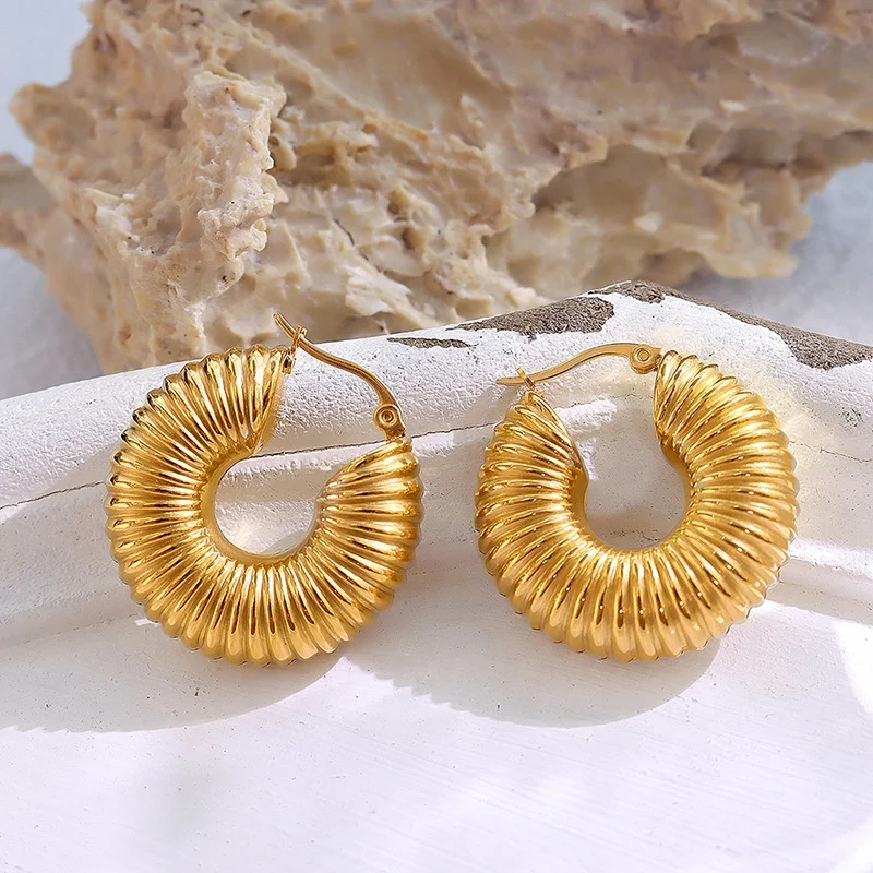 

Trendy Thick Geometric Screw Clip on Earrings Stainless Steel Chunky Twisted Hoop Earrings For Women