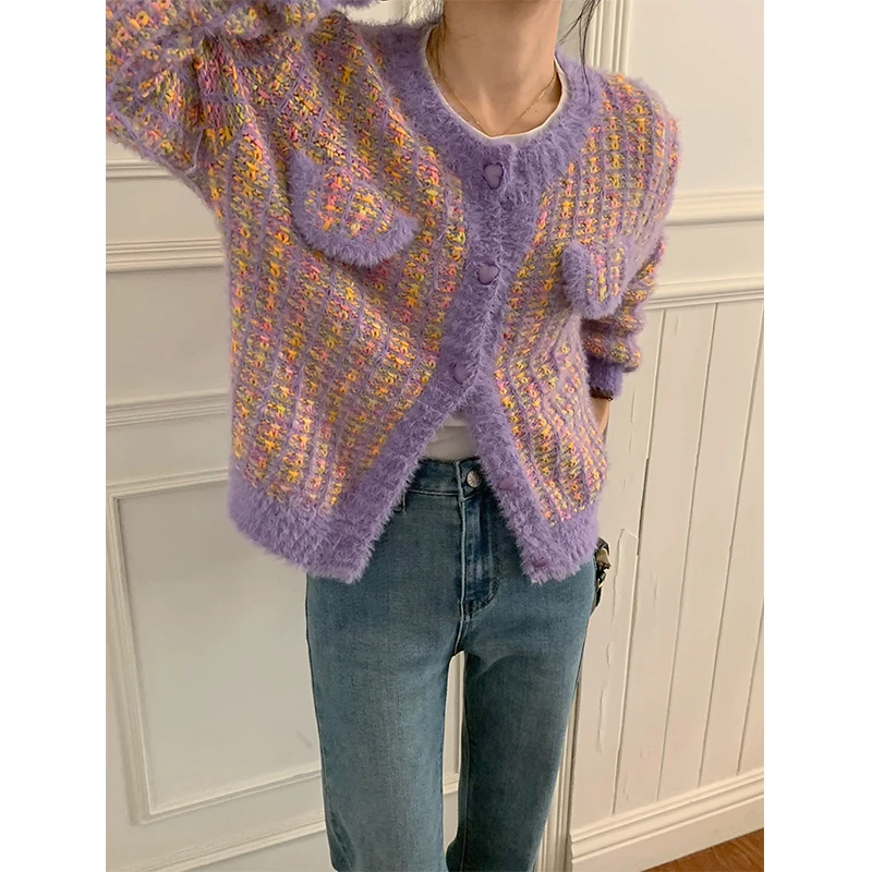 

Contrasting color sweater women 2021 autumn and winter new cardigan round neck knitted top retro short coat