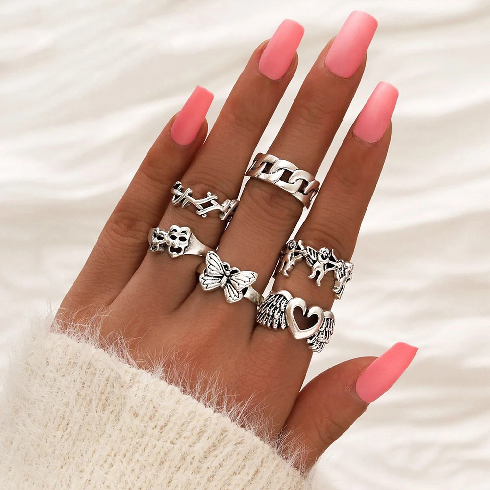 

Sindlan 6Pcs Goth Silver Color Grimace Finger Ring Set for Women Y2k Punk Heart Wing Butterfly Cupid Female Jewelry Anillos