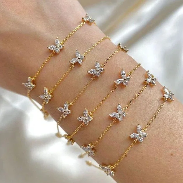 

Simple style delicacy cz thin chain butterfly crystal bracelet for women, Gold