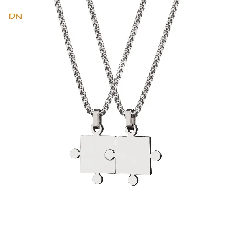 

Dina Cheap Designed Wholesale Custom Names Pendant Stainless Steel Puzzle Necklaces Jewelry Set With Pendant For Lover Couples, Silver