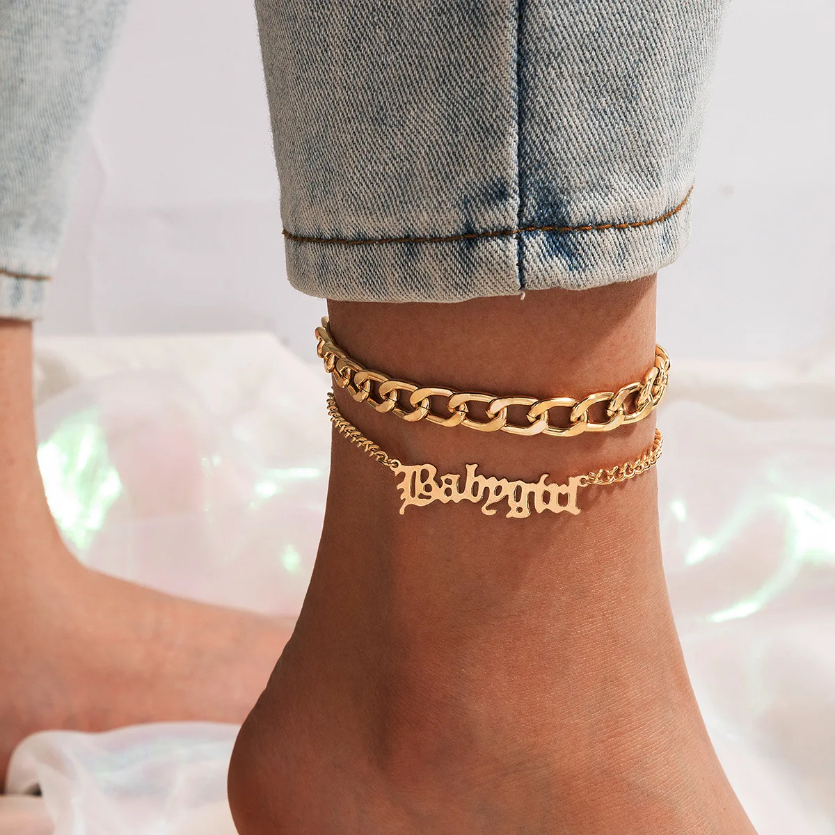 

Gold plated baby girls letter bracelets anklet two pieces chunky cuban chin link anklets for women