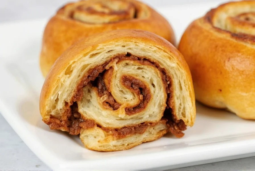 Close-up of golden brown cinnamon scrolls made with puff pastry showing flaky layers and cinnamon swirls on a white plate with powdered sugar dusting