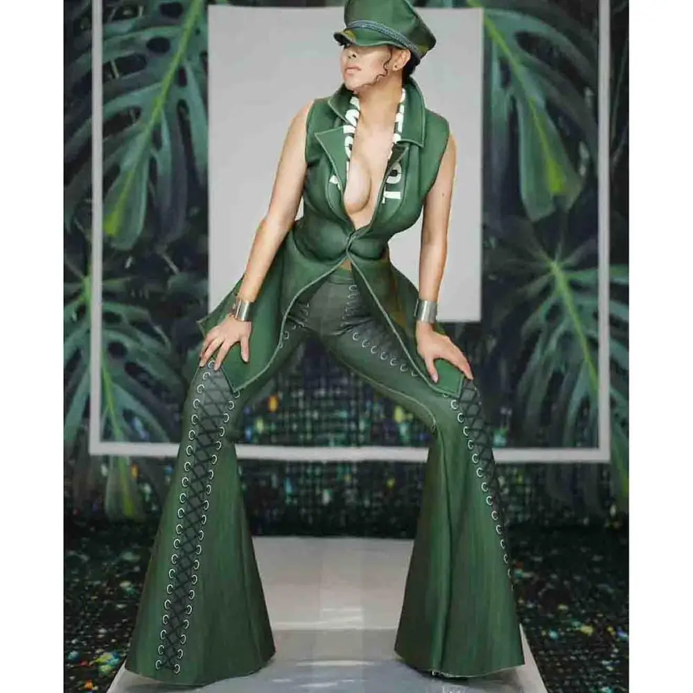 A3197 green 3D print women military styles sleeveless coat and pant two piece set  Wholesale Instock