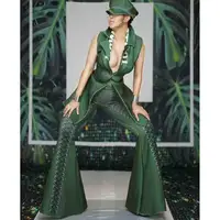 

A3197 green 3D print women military styles sleeveless coat and pant two piece set Wholesale Instock