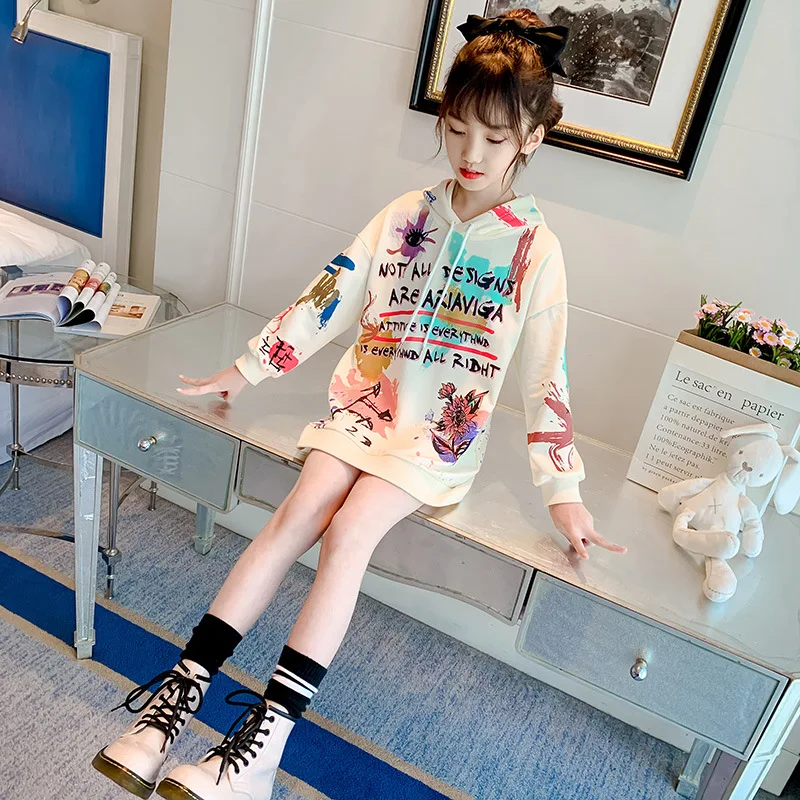 

New arrival summer girls fashion printing hoodie with hat dress for kids, Picture shows