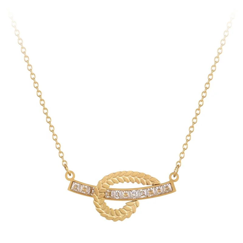 

18K Gold Plated Stainless Steel Jewelry Gold Color Chain Olive Branch Leaf Shaped Zircon Pendant Necklaces P223315