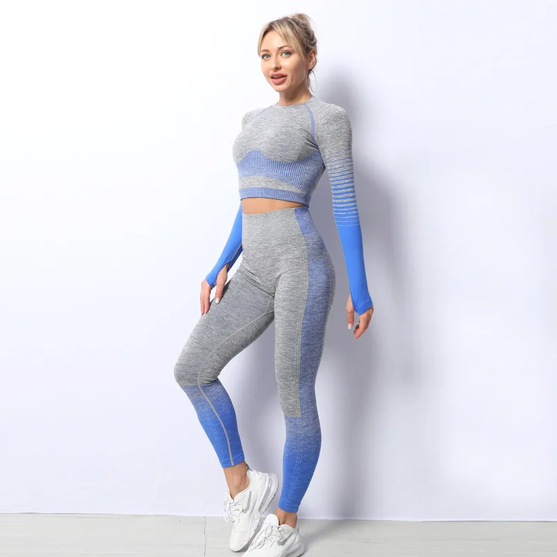 

Women Seamless Gradual Stripe 5 piece Yoga Set Sports Crop Top Leggings Gym Clothes Fitness Tracksuit