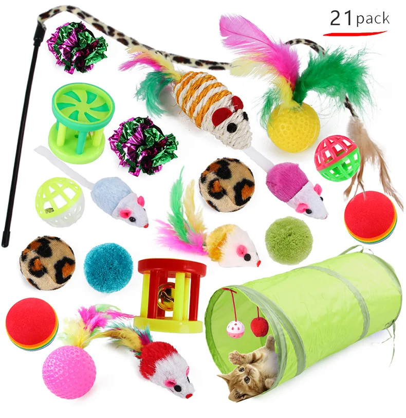 

Amazon Hot sell 21PCs Pack of cat Toys Bulk Pet Feather Ball Interactive Mouse Cat Toy Set, Colorful