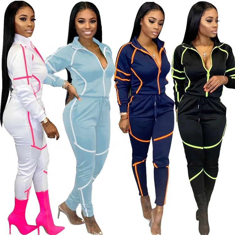 

With Zipper Turndown Collar Long Sleeve Top Pants Tracksuit Women 2 Piece Jogger Set, Multiple colour to choose