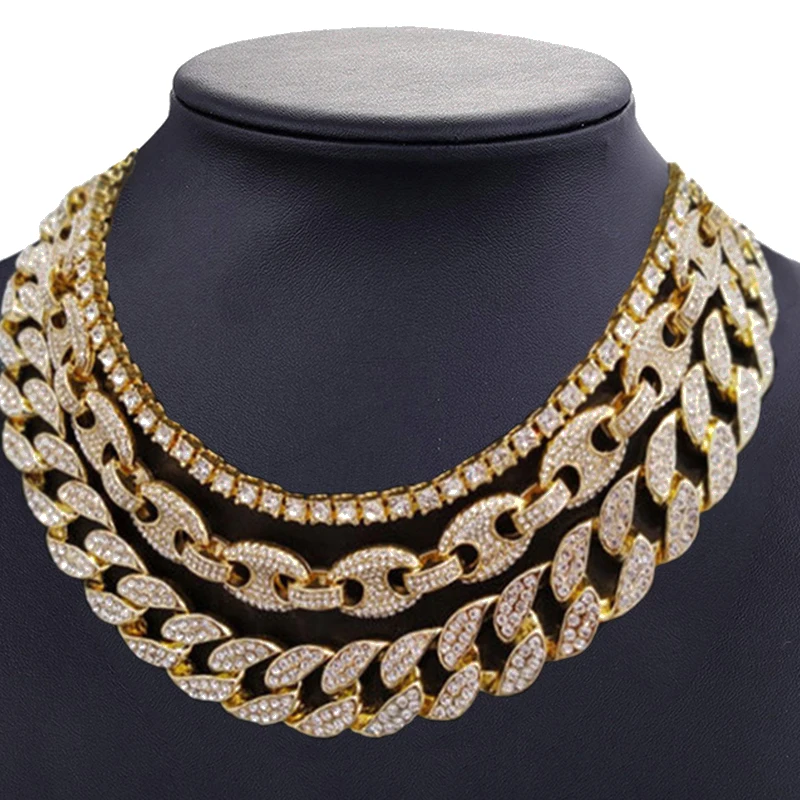 

Hip Hop Iced Out Crystal 20" Cuban Chain & 18"*12mm Coffee Bean Chain & 16"*5mm 1 Row Tennis Choker Chain Jewelry Set, Gold color