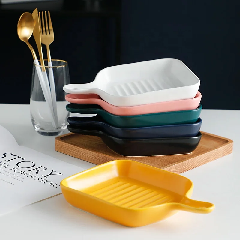 

Cake Pan Ceramic Baking Tray BBQ Plate Bread Baking Tray with Handle Household Bakeware, Pink,white,yellow