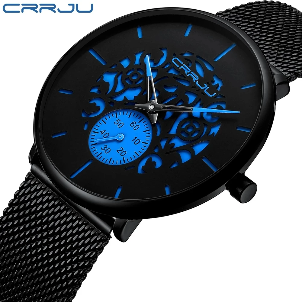 

Classic Men Luxury Brand Watches Black Stainless Steel Minimalist Male Analog Clock Waterproof CRRJU 2150 Quartz Men Wrist Watch, 7 colors