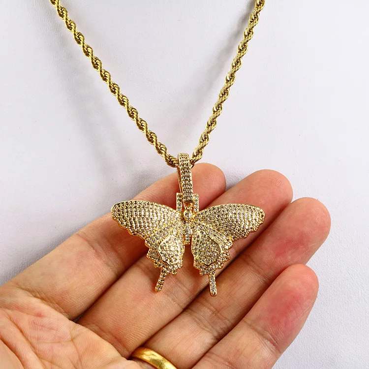 

gold plated stainless steel rope chain cz diamond pave butterfly pendant necklace for women