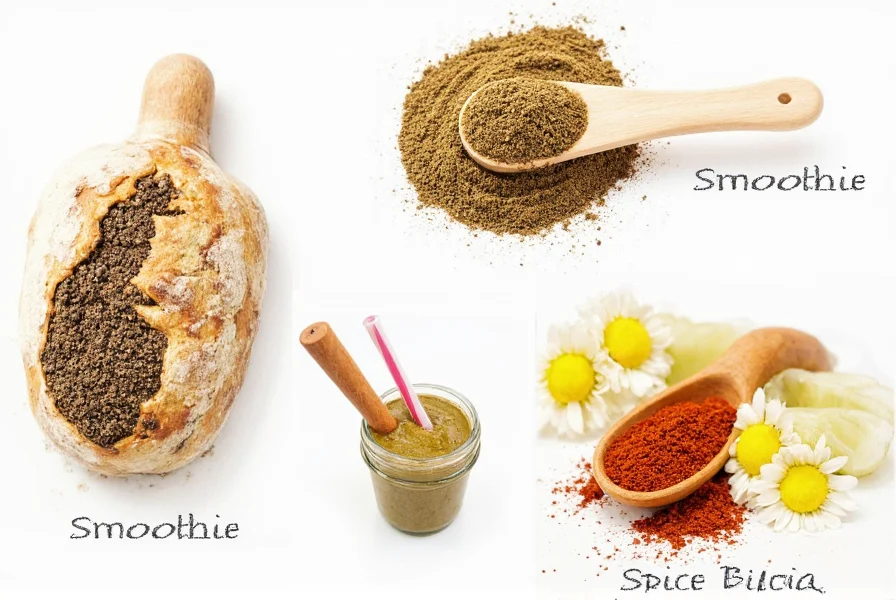 Various culinary applications of black cumin powder including in bread, smoothie, and spice blend