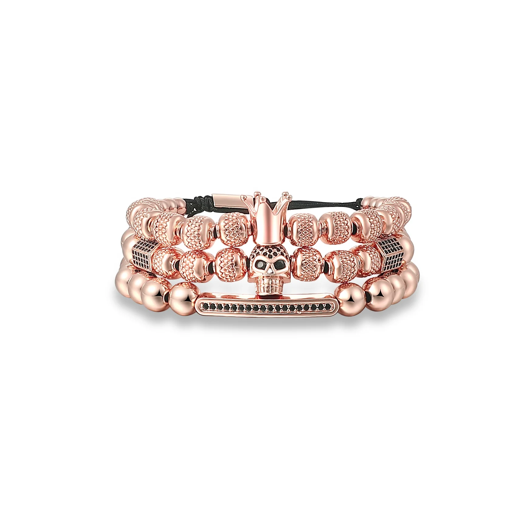 

3Pcs/Set Rose Gold Plated Geometric Zircon Beads CZ Skull Bracelet Stainless Steel Balls Crown Bracelet Set