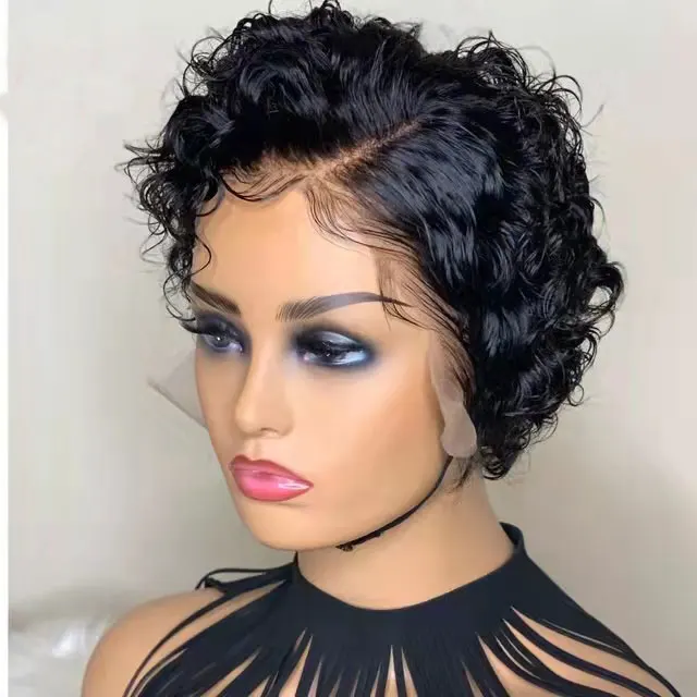 

Curly Human Hair Wigs Transparent Lace Side Part Brazilian Remy 13x1 Deep Part Lace Wig For Black Women Pixie Cut Bob