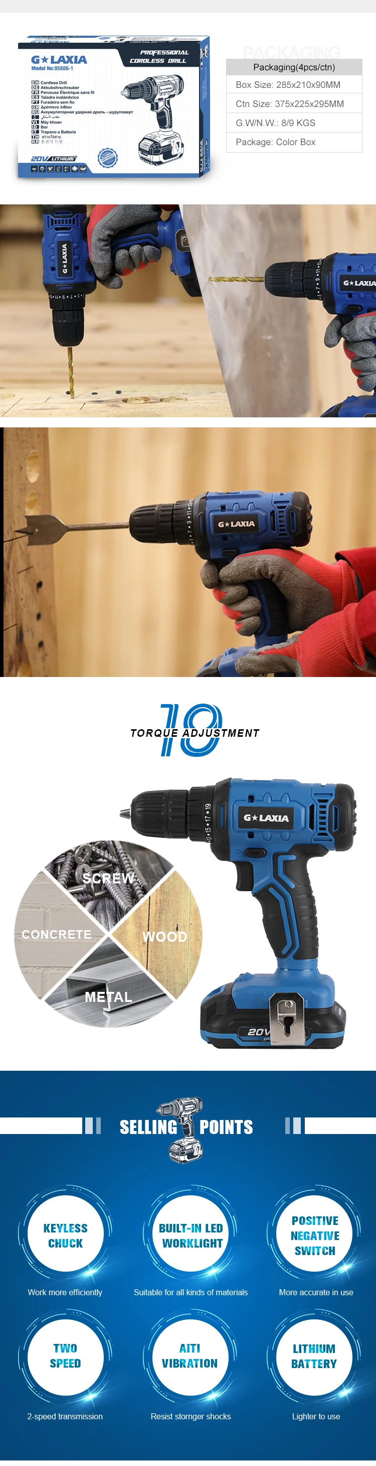 Galaxia Cordless Drill 20v Spindle Lock 2 Speed Selector Keyless Chuck With Led Work Light