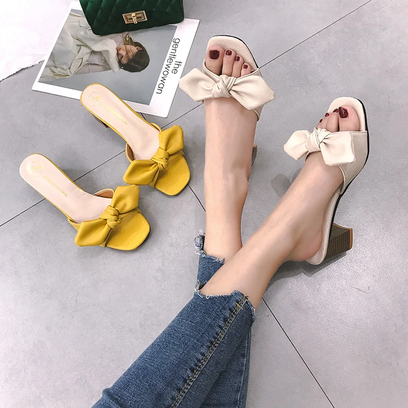 

Women's solid color cute bow high heel sandals slippers 6677, Beige,yellow