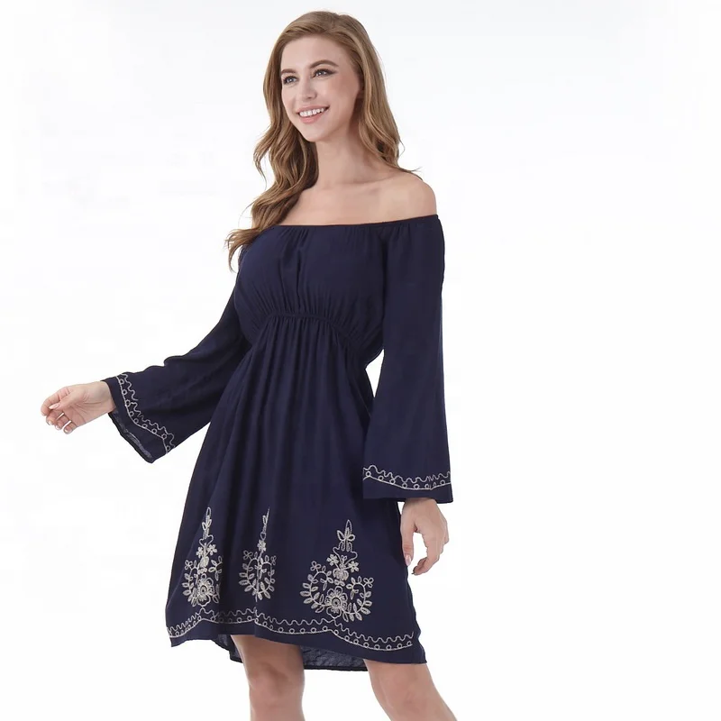 

Lady Wear Dress Casual Elegant Flare Long Sleeve Off Shoulder Ruched Embroider Beach Dress For Women