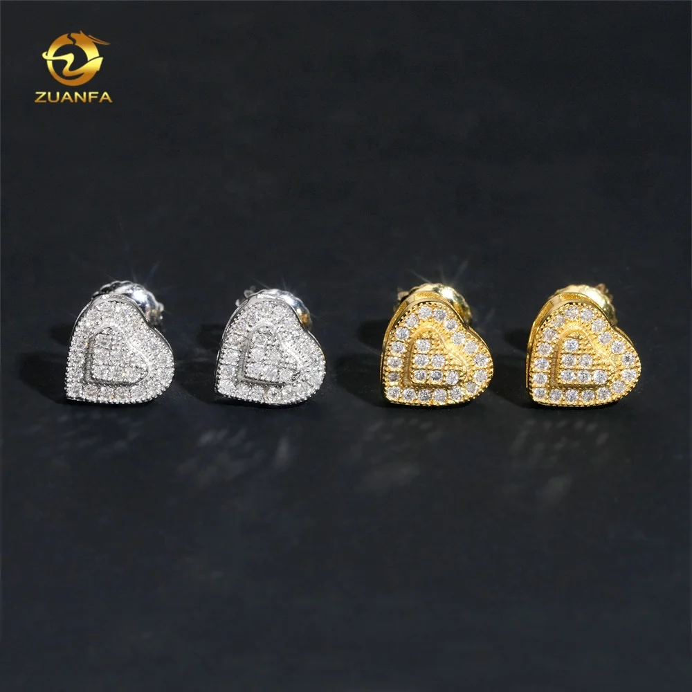 Hip Hop Style Heart Stud Iced Out GRA Certified Moissanite Diamond 925 Sterling Silver Earrings