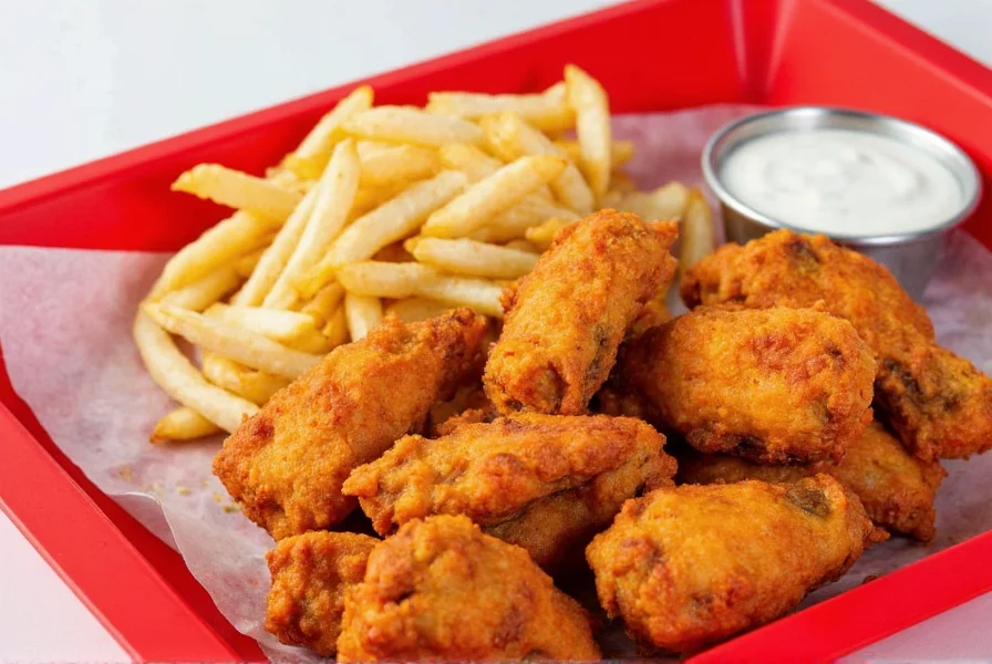 Wingstop lemon pepper wings served with crispy fries and a side of ranch dressing on a red tray